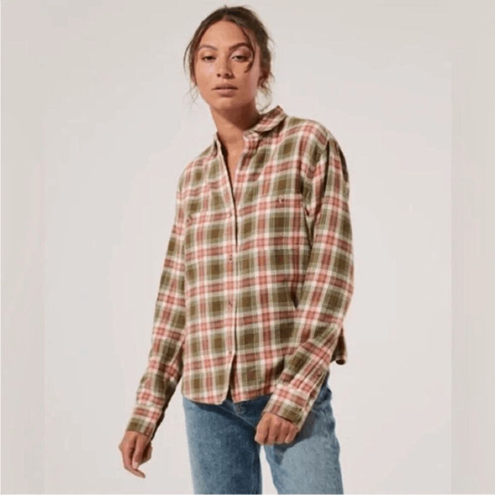 Pact Organic Cotton Red Green Plaid Long Sleeve Button Down Shirt Women's Size X